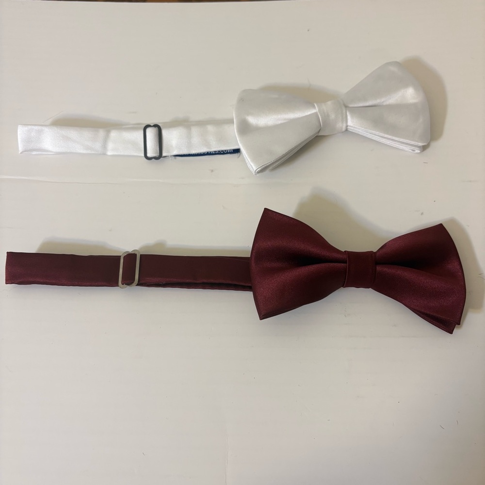 Men's‎ Satin Bow Tie Set White & Burgundy Adjustable One Size Formal Dress